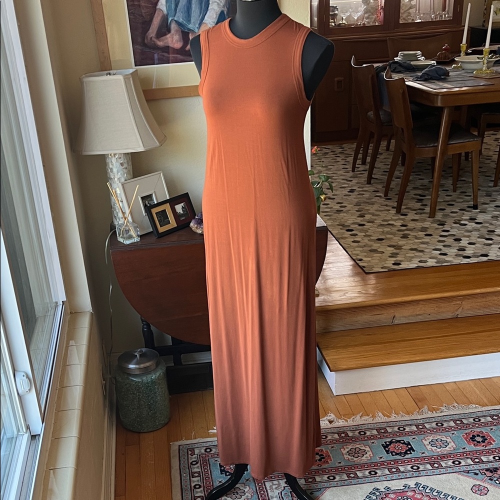Joan Vass Vintage Rust Crew neck Maxi Dress. Open back zipper, small rayon blend